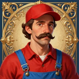 highly detailed vfx portrait of a man with a mustache wearing a red shirt, blue overalls, and a red cap, artstation, art by philippe druillet, digital illustration, ornate details,