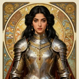 head-on symmetrical centered painted portrait, Mahira Khan as a paladin, black hair, ornate mage robe armour, art nouveau, tarot card style, medieval robes, fantasy, intricate, elegant, highly detailed, smooth, sharp focus, illustration, artstation, in the style of Artgerm and Anna Podedworna and Alex Ross and Mucha