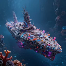 a gigantic futuristic warships made of branches and coral reefs, science fiction, artstation, neon, cyberpunk, surreal,