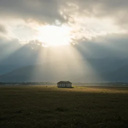 A serene landscape with a singular building in the style of god rays, volumetric light.