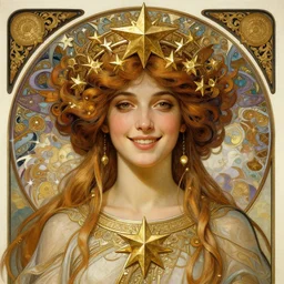epic portrait an star goddess smiling, intricate, full frontal shot, highly detailed, digital painting, artstation, concept art, sharp focus, illustration, art by artgerm and greg rutkowski and alphonse mucha