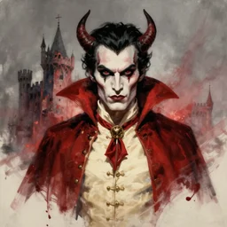 centered detailed, portrait of count dracula, demonic, horror, gothic, medieval castle, art by jean giraud and moebius, realistic, expressive emotions, grey gradient, red and cream colours