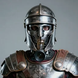 portrait of a cybertronic roman gladiator, lens focused on face, clear image, studio lighting