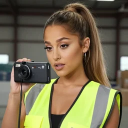 photo, close up, ariana grande in a hi vis vest, in warehouse, android cameraphone, 2 6 mm,