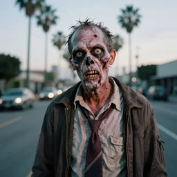 zombie in los angeles, in focus, blured background, bokeh, high detail, sharp, film photography, direct flash, kodak portra 4 0 0,