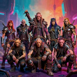 cinematic shot of a scifi post apocalyptic orcish biker gang, psychedelic vibrant colors, group photo by michael whelan art, sharp focus, highly detailed