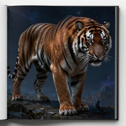 cosmic tiger, tiger, dark, alfonso mucha, michael whelan, dalle 2, hd, intricate details, cinematic, realistic, concept artbook, artstation, video game, digital painting, digital art, unreal engine, environment, sharp, high detailed 8 k