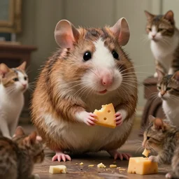 photo, emma watson as anthropomorphic furry - rat, she is a real huge fat rat with rat body, cats! are around, eating cheese, highly detailed, intricate details