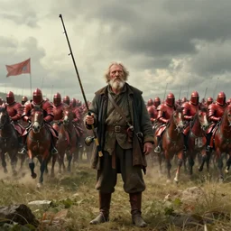 cinematic shot of an old haggard fisherman with a fishing rod standing defiantly before an oncoming cavalry charge of red armored warriors by Greg Rutkowski, 4k, masterpiece