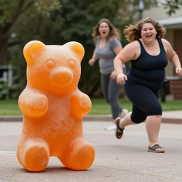a life size gummy bear, orange, runs away from 2 overweight woman who rush after it hungrily. canon 5 d 5 0 mm lens, action photography, realistic, award winning,