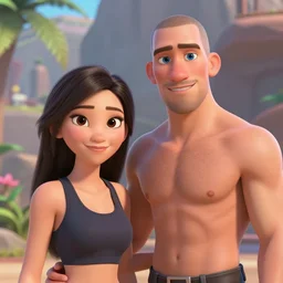 young beautiful athletic Filipino woman with long hair standing beside a handsome caucasian athletic thin man with very short buzzed hair, balding, stubble on his face, blue eyes, depicted as adult Pixar characters, high quality cg render