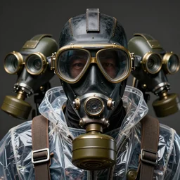 classy sophisticated very up close portrait of a mysterious retro diving mask black humanoid ， wearing transparent plastic jacket, four microscope glasses brass ， antigas mask four glasses mecha guarding ， wwii style ， golden ratio ， hyperrealistic ultradetailed ， ultra detailed wire decoration ， fantasy art ， chinese style ， by nixeu and