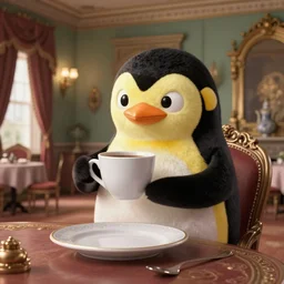 Penguins of Madagascar inside the Victorian mansion sipping coffee