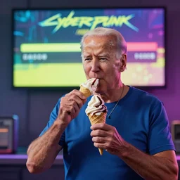 joe biden eating ice cream, gta 5 loading screen, cyberpunk lighting