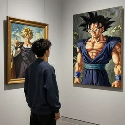 char aznable at art gallary looking at a oil painting of garma zabi, detailed, anime, artstation,dark