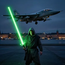 lone jedi looking down on Stockholm, night, green lightsaber!, JAS 39, trending on artstation, hd, wlop, octane render, HDRI, atmospheric