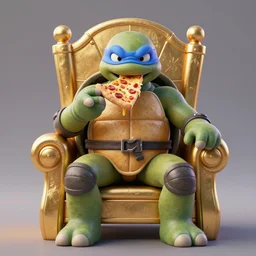 a gigantic ninja turtle potato eating a pizza while sitting in a golden throne, 3D render 8K