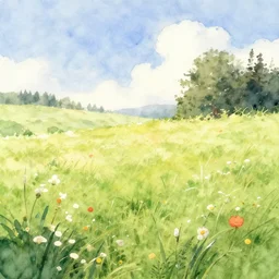 dreamy watercolor painting of a meadow, beautiful colors, sunny