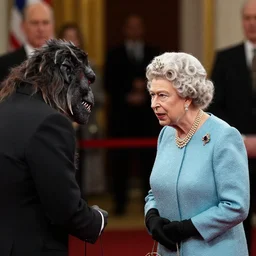 photograph of queen elizabeth meeting a monster at an official event