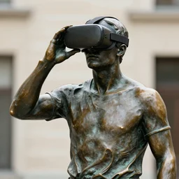 a 4 k photorealistic photo medium shot of a bronze statue of a man wearing a vr headset.
