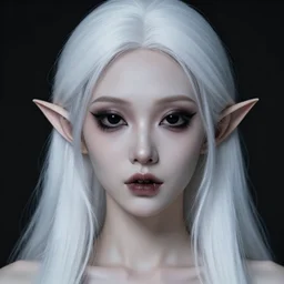 a scary portrait, dark background, beautiful horror girl, white long hair, professionally retouched, soft lighting, realistic, smooth face, black alien eyes, pointed elf ears, short neck, pointed big teeth, wide angle, sharp focus on the eyes, 8 k high definition, insanely detailed, intricate, elegant, beautiful, art by artgerm and wlop
