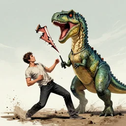 a two headed dinosaur ripping a man in half, style of Geof Darrow