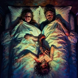 cinematic colorful horror artwork by artgerm, and mark brooks ; real life full portrait of ben affleck and his wife dove cameron mating lying on bed hiding under blankets rim light ; melancholy haunting ; 8 k hdr, creepy intricate, long shadows ; volumetric dramatic lighting, insanely detailed