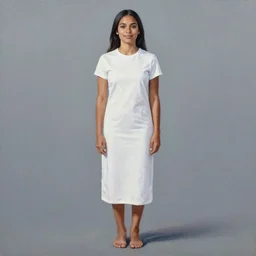 a painting of Alexandria Ocasio-Cortez, from her neck to her toes, wearing a long white t-shirt that goes from her shoulders to her knees.