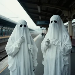 realistic ghosts in a train station, old grainy picture, photorealistic, hd