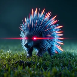 a cyberpunk porcupine with neon quills and fine blue fur with laser eyes, on a grass patch, dramatic light, complex 3 d render, hyper detailed, ultra sharp, octane render, yoshitaka amano, daytoner, greg tocchini