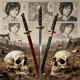 a beautiful masterpiece of three samurai swords stuck in the ground on a battlefield with a giant skull laying deep in the ground, epic landscape, fine detail, grit, dramatic, cinematic, atmospheric, manga panel, unreal engine, octane render, trending on artstation