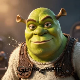 Shrek in 'Gears of War', splash art, movie still, cinematic lighting, detailed face, dramatic, octane render, long lens, shallow depth of field, bokeh, anamorphic lens flare, 8k, hyper detailed, 35mm film grain