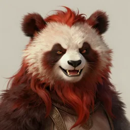 portrait of a young ruggedly handsome but joyful anthropomorphic panda with a beard, male, masculine, upper body, red hair, long hair, huge beard, d & d, fantasy, fierce, sharp features, intricate, elegant, highly detailed, digital painting, artstation, concept art, matte, sharp focus, illustration, art by artgerm and greg rutkowski and alphonse mucha