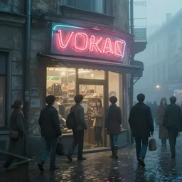 movie scene of a store, lviv, a very misty day, a neon sign, by ian mcque ferdinand knab, makoto shinkai and lois van baarle, artgerm, pixar, ilya kuvshinov,, tom bagshaw, global illumination