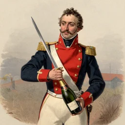 1 9 th century color lithograph of a man in military uniform opening a bottle of champagne with a sword