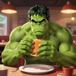 Hulk with a sad expression, sitting in a restaurant eating a hamburger, digital art, trending on artstation