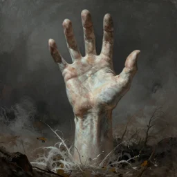 an immense pale monstrous hand rising up from the ground. horror fantasy art by greg rutkowski and artgerm