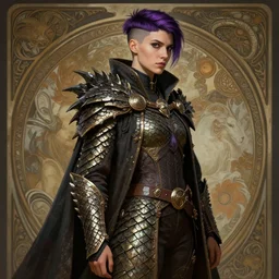 rugged girl, adventurer outfit large cloak, dragon scales, undercut hairstyle, short purple black fade hair, photography of kurzgesagt, deep focus, d & d, fantasy, intricate, elegant, highly detailed, digital painting, artstation, concept art, matte, sharp focus, illustration, hearthstone, art by artgerm and greg rutkowski and alphonse mucha