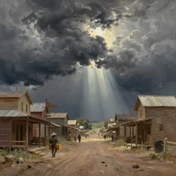 oil painting of american old west town, harbour, dramatic storm clouds, dusty street, sunrays, dramatic, very very very beautiful art, cinematic lighting, romanticism by goya