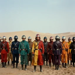 Jodorowsky's Dune movie, guards in colorful uniforms with helmets, cinema still, photo realistic, wide angle, 8k, cinestill 400t film