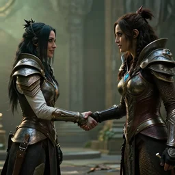 Serral shaking hands with Sarah Kerrigan as The Queen of Blades Starcraft character, epic cinematic photo