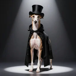 greyhound wearing a black cloak and a top hat, under a spotlight, magician dog performing on stage
