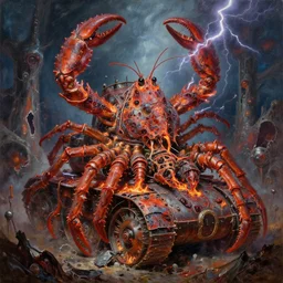 oil painting nightmare macerated epic tiered crustacean hybrid tanks in atomic torn landscape, burning lightning of necrotized skins, cinematic, fine art, ornate masterpiece, hyper detailed by geof darrow and built by alex nino