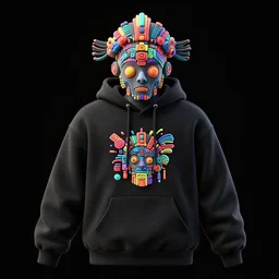 mockup of a black hoodie with a claymodel of a cyberpunk aztec futurism robot head, 8 k, symetrical, flourescent colors, halluzinogenic, multicolored, insanely integrate, black background, 3 d render,