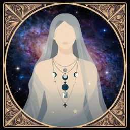 a portrait of a galaxy as an androgynous druid spirit wearing five necklaces of moons and stars, draped in transparent cloth, flat colors, occult, minimal, swirly, bust by alphonse mucha, decorative art deco border, astrophotography, vast cosmos, digital illustration overlayed on photography, trending on artstation