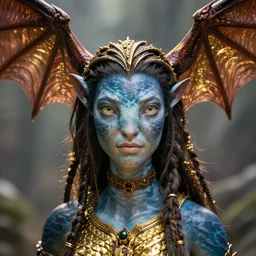 a stunning ultra detailed fantasy fine art portrait photo of a na'vi goddess from avatar movie wearing bat wings on the head, by karol bak, gediminas pranckevicius and anna dittman, arms made of dragon skin, golden ratio composition, deep depth of field, perfect eyes and face, cyberpunk, soft lighting, artstation, 8 k