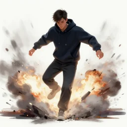 young man stepping out of a explosion, digital painting, concept art, hoodie, smooth, sharp focus, bright colors, illustration, from metal gear, by ruan jia and mandy jurgens and william - adolphe bouguereau, artgerm