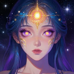 a beautiful colorful digital head and shoulders potrait of an attractive girl with hypnotic hyper detailed golden voilet glowing eyes and open third eye psychedelic spiritual art, space background, breathtaking stars, 4k hyperrealistic, hyper realistic anime art by makoto shinkai
