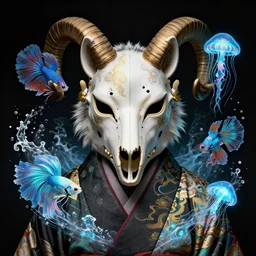 wolf portrait biomechanics with ram skull. beautiful intricately detailed japanese wolf kitsune mask and clasical japanese kimono. betta fish, jellyfish phoenix, bio luminescent, plasma, ice, water, wind, creature, artwork by tooth wu and wlop and beeple and greg rutkowski, ellen jewett, gold black teal and blue color scheme
