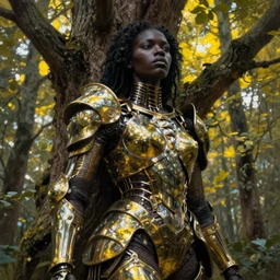 hyperrealistic baroque super expressive! black woman with detailed exoskeleton armor, merging with tree in a forest, digital painting masterpiece brad kunkle hannah yata dramatic pearlescent yellow light low angle hd 8k sharp focus